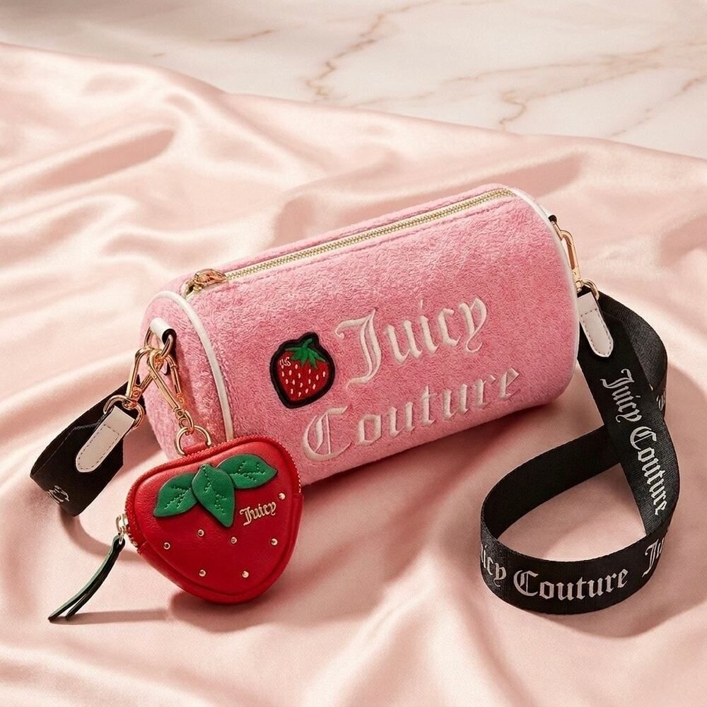 Juicy Couture Pink Velour Crossbody Bag Strawberry Barrel Purse Y2K